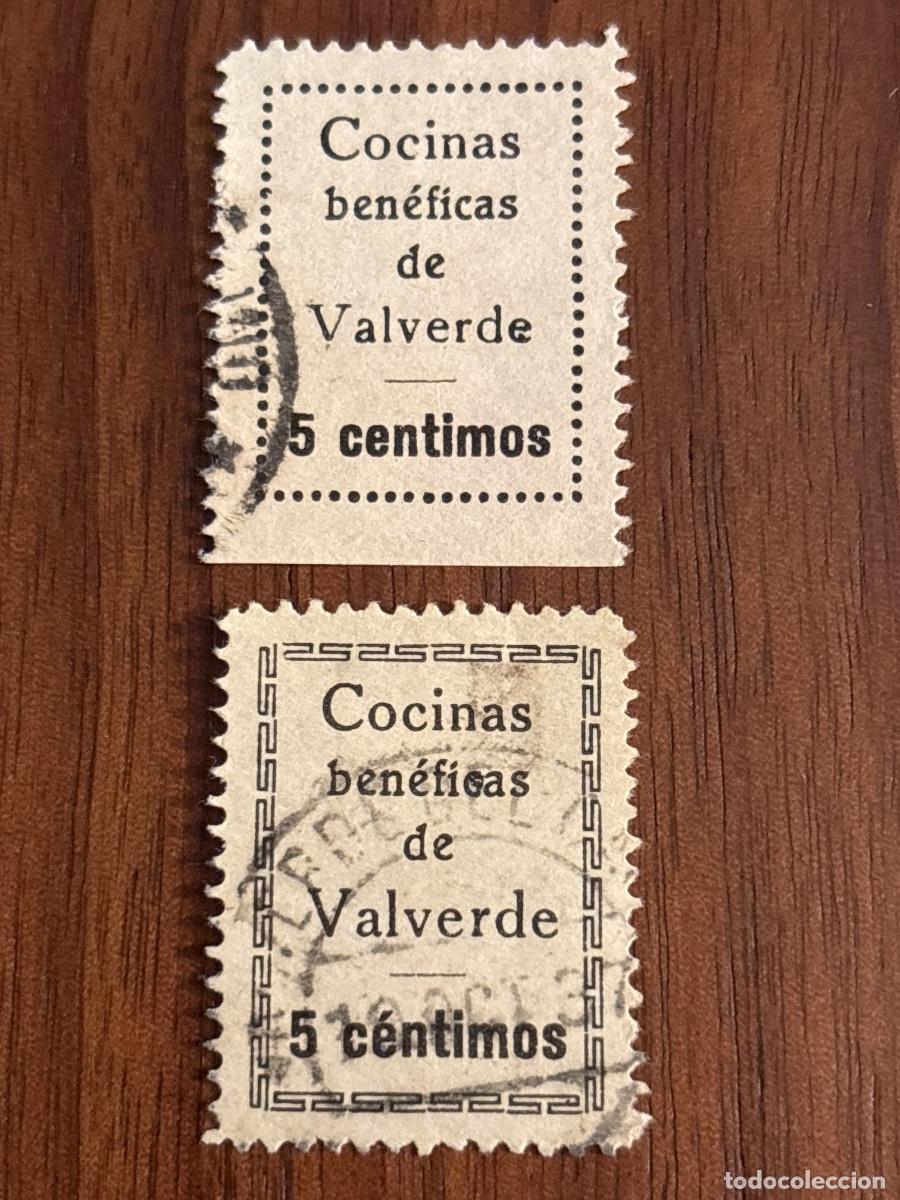 Sellos: GUERRA CIVIL ESPA&Ntilde;OLA &ndash; VALVERDE DEL CAMINO &ndash; COCINAS BEN&Eacute;FICAS 5 CTS &ndash; 2 VI&Ntilde;ETAS