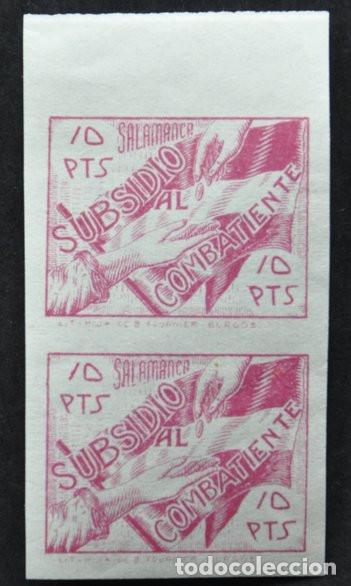 Sellos: SALAMANCA - PAREJA SIN DENTAR DE 10 PESETAS SUBSIDIO AL COMBATIENTE - EDIFIL 13**