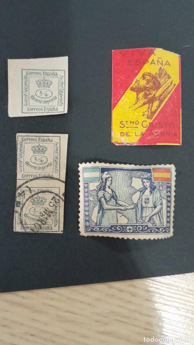 Sellos: Lote de 4 piezas: Sellos Impresos 1872 + Vi&ntilde;eta Guerra Civil Centro Acci&oacute;n Espa&ntilde;ola Buenos Aires