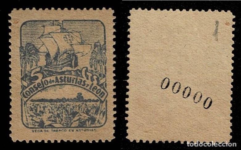 Sellos: 0022-1 Guerra Civil Consejo de Asturias y Le&oacute;n Fesofi n&ordm; 6 Color AZUL GRIS numeracion 00000 (MUES