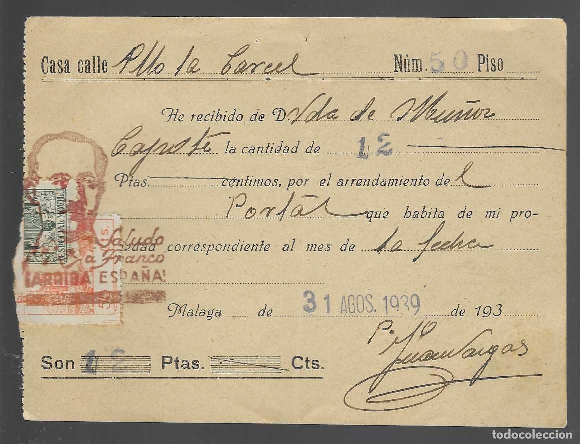 Sellos: MALAGA.- RECIBO ALQUILER CALLE RLLO. LA CARCEL- SELLO MALAGA 50 CTS,-MAS ESPECIAL MOVIL.- VER FOTOS
