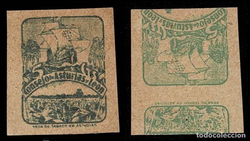 Sellos: 0022-4 Guerra Civil Consejo de Asturias y Le&oacute;n Fesofi n&ordm; 6 RECTOVERSO Prueba Color VERDE Y VERDE