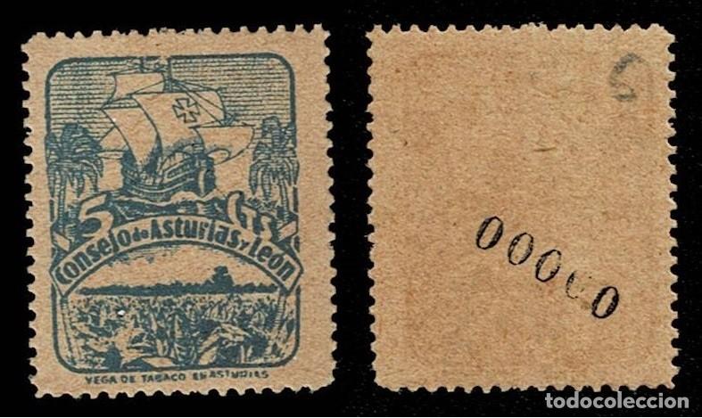 Sellos: 0022-5 Guerra Civil Consejo de Asturias y Le&oacute;n Fesofi n&ordm; 6 Color VERDE AZULADO numeracion 00000 (M
