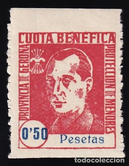 Sellos: Falange Espa&ntilde;ola, 0,50 pts. carm&iacute;n, Cuota Benefica, Provincia de Gerona, Protecci&oacute;n de Menores,