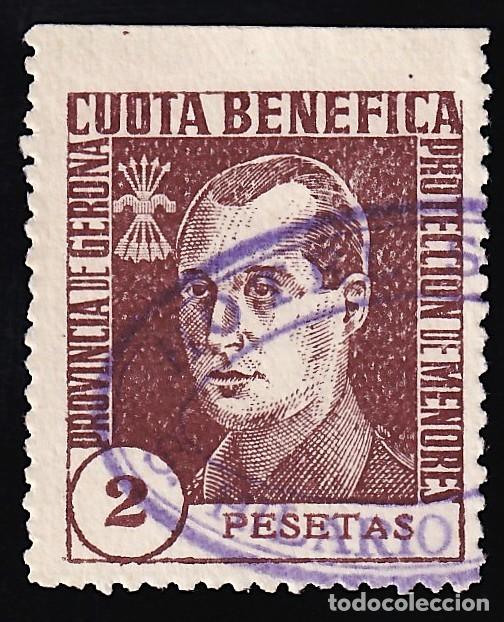 Sellos: Falange Espa&ntilde;ola, 2 pts. casta&ntilde;o, Cuota Benefica, Provincia de Gerona, Protecci&oacute;n de Menores,