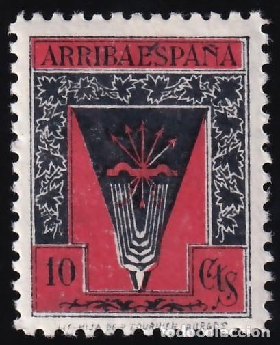 Sellos: Falange Espa&ntilde;ola, 10 cts. carm&iacute;n y negro, [Emblema / &iexcl;Arriba Espa&ntilde;a!]