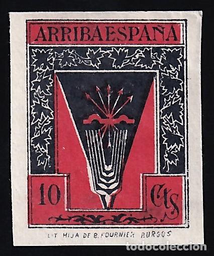 Sellos: Falange Espa&ntilde;ola, 10 cts. carm&iacute;n y negro, [Emblema / &iexcl;Arriba Espa&ntilde;a! / SIN DENTAR.]