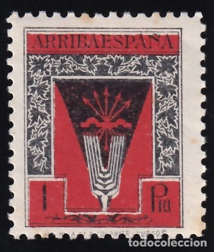 Sellos: Falange Espa&ntilde;ola, 1 pts. carm&iacute;n y negro, [Emblema / &iexcl;Arriba Espa&ntilde;a! / SIN DENTAR.]