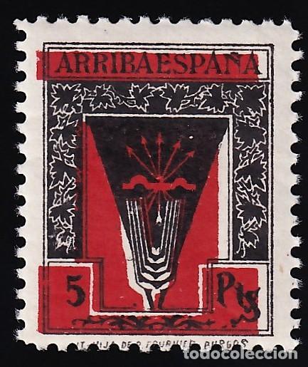 Sellos: Falange Espa&ntilde;ola, 5 pts. carm&iacute;n y negro, [Emblema / &iexcl;Arriba Espa&ntilde;a! / SIN DENTAR.]