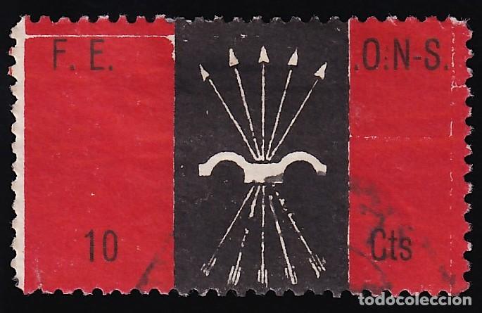 Sellos: Falange Espa&ntilde;ola, FE-J.O.N.S. 10 cts. carm&iacute;n y negro, cifra grande,