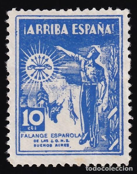 Sellos: Falange Espa&ntilde;ola, 10 cts. azul, &iexcl;arriba espa&ntilde;a!, [Emitida en Argentina.]