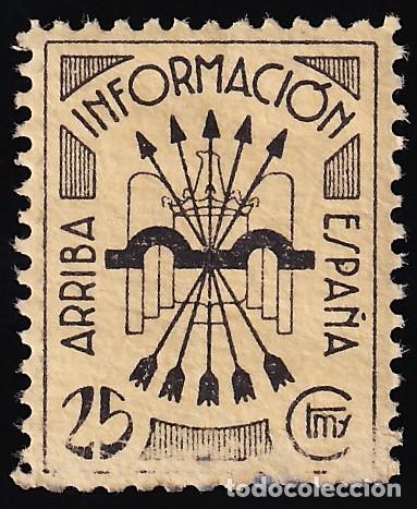 Sellos: Falange Espa&ntilde;ola, 25 cts. negro s. amarillo, Emblema, Leyenda &rdquo;Arriba Espa&ntilde;a Informaci&oacute;n&rdquo;