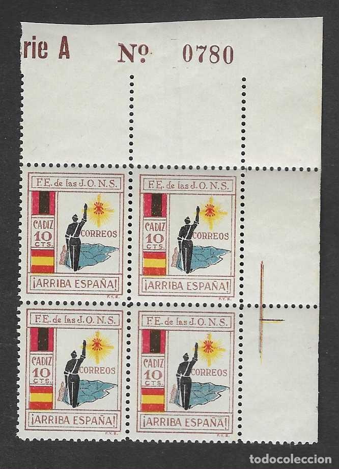 Sellos: CADIZ- 10 CTS.-BLOQUE DE 4 SELLOS -CABECERA PLIEGO- -- VER FOTOS
