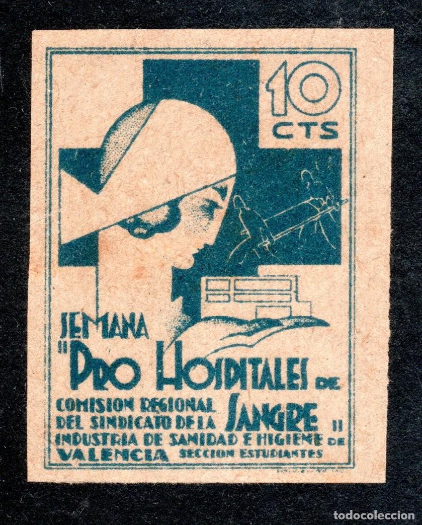 Sellos: SEMANA PRO HOSPITALES DE SANGRE. VALENCIA. 10 CTS. **EXTREMADAMENTE RARO**