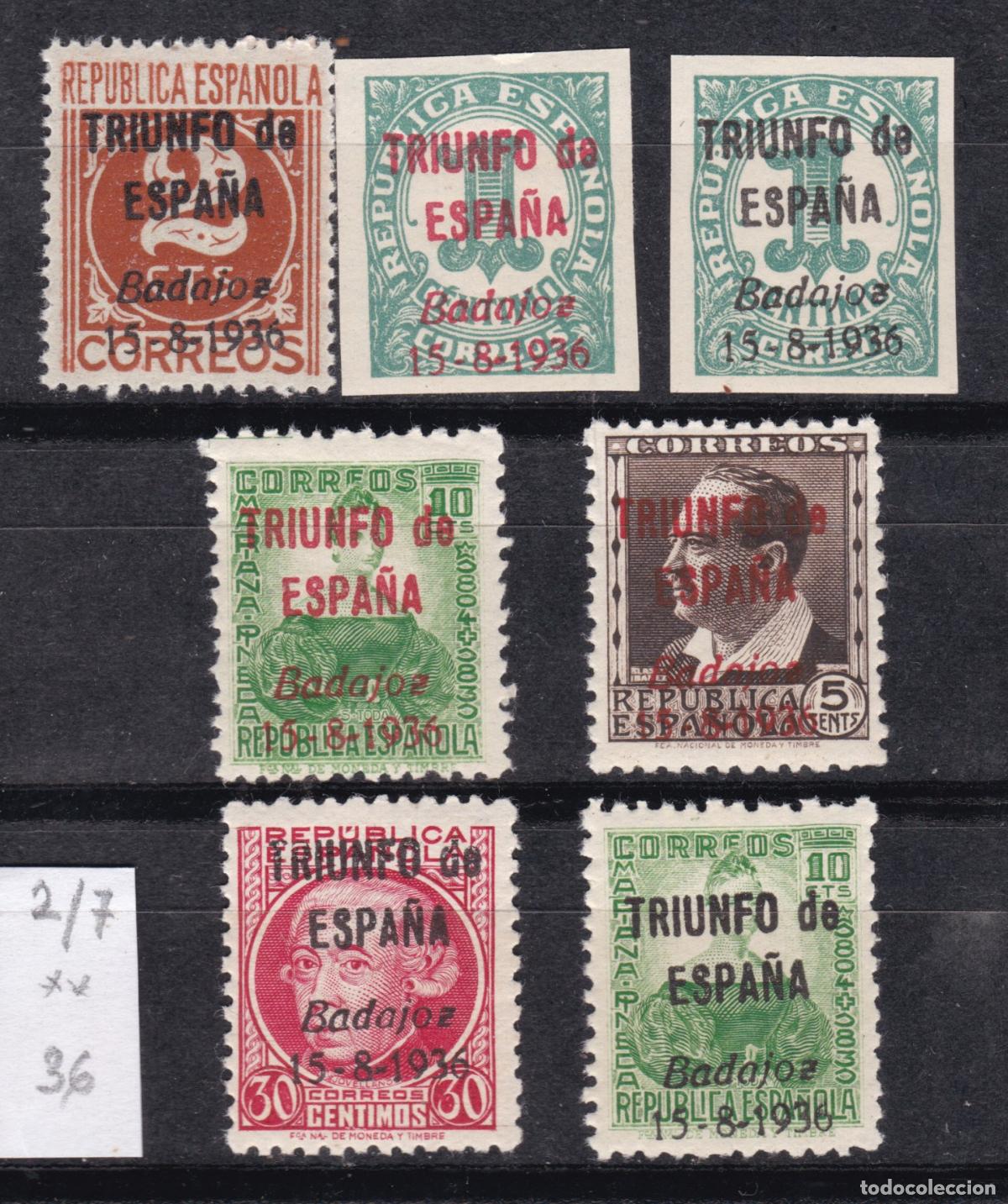 Sellos: FC4-167- Guerra Civil Locales BADAJOZ .Triunfo de Espa&ntilde;a Edifil 2/7 **Sin fijasellos. LUJO