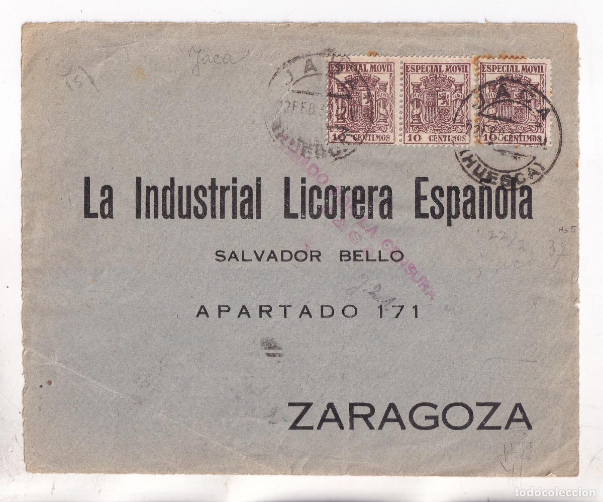 Sellos: FRONTAL. JACA. HUESCA. 1937. ESPECIAL M&Oacute;VIL. CENSURA MILITAR. A ZARAGOZA