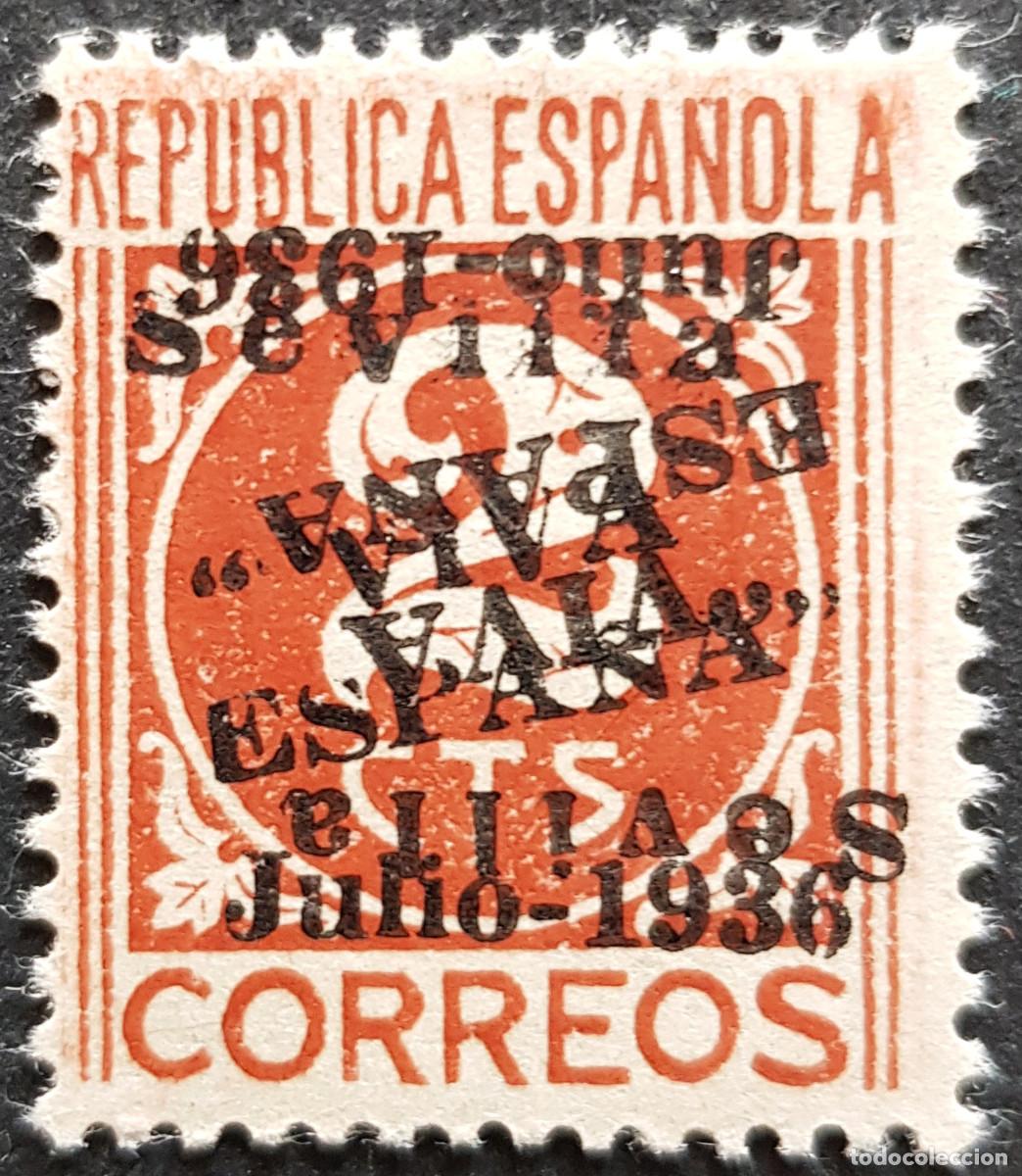Sellos: Espa&ntilde;a a&ntilde;o 1937 Emisiones Locales Patri&oacute;ticas Sevilla 1 sobrecarga invertida y la otra normal