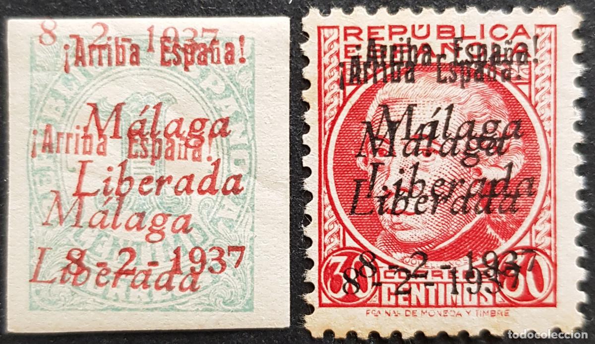 Sellos: Espa&ntilde;a a&ntilde;o 1937 Emisiones Locales Patri&oacute;ticas Malaga doble sobrecarga