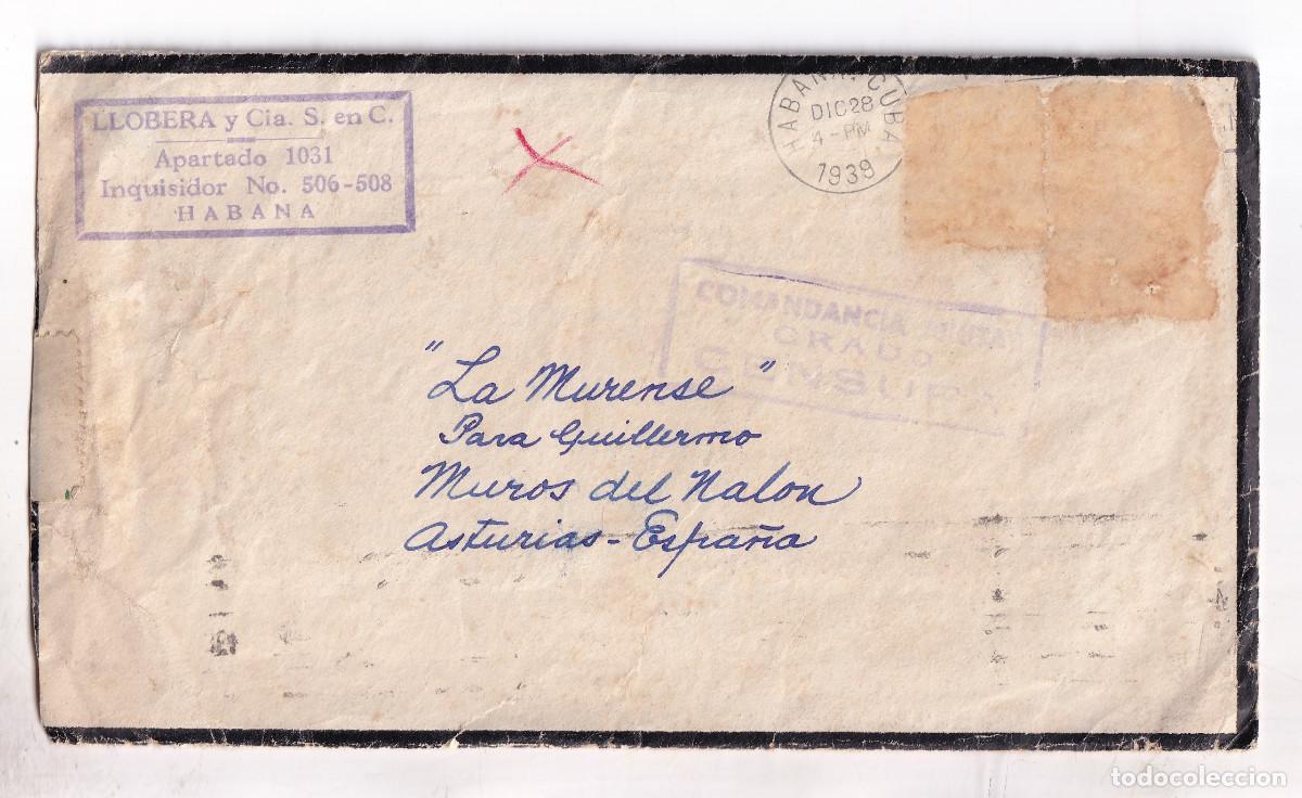 Sellos: SOBRE. HABANA, CUBA. CON INTERESANTE CARTA 1939 A LA MURENSE. MUROS DEL NAL&Oacute;N ASTURIAS CENSURA GRADO