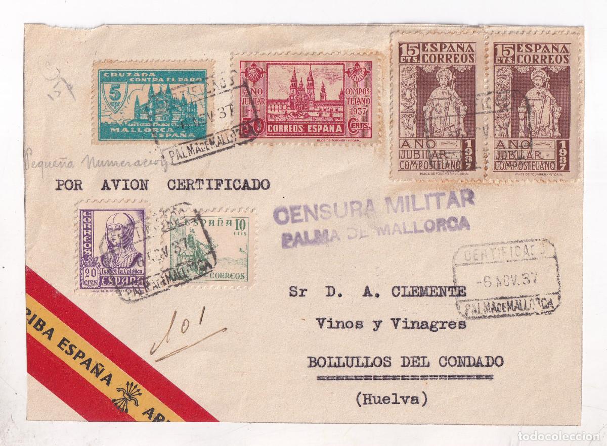 Sellos: FRONTAL. PALMA DE MALLORCA. BALEARES. 1937. CERTIFICADO A&Eacute;REO A&Ntilde;O SANTO LOCAL Y CENSURA. A BOLLULLOS