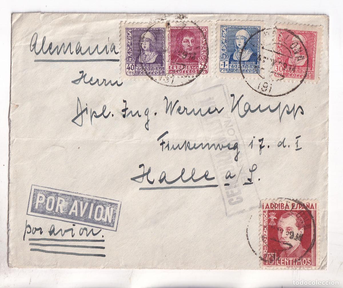 Sellos: SOBRE. CORREO A&Eacute;REO. BARCELONA A ALEMANIA. 1939. SELLO JOS&Eacute; ANTONIO. CENSURA MILITAR
