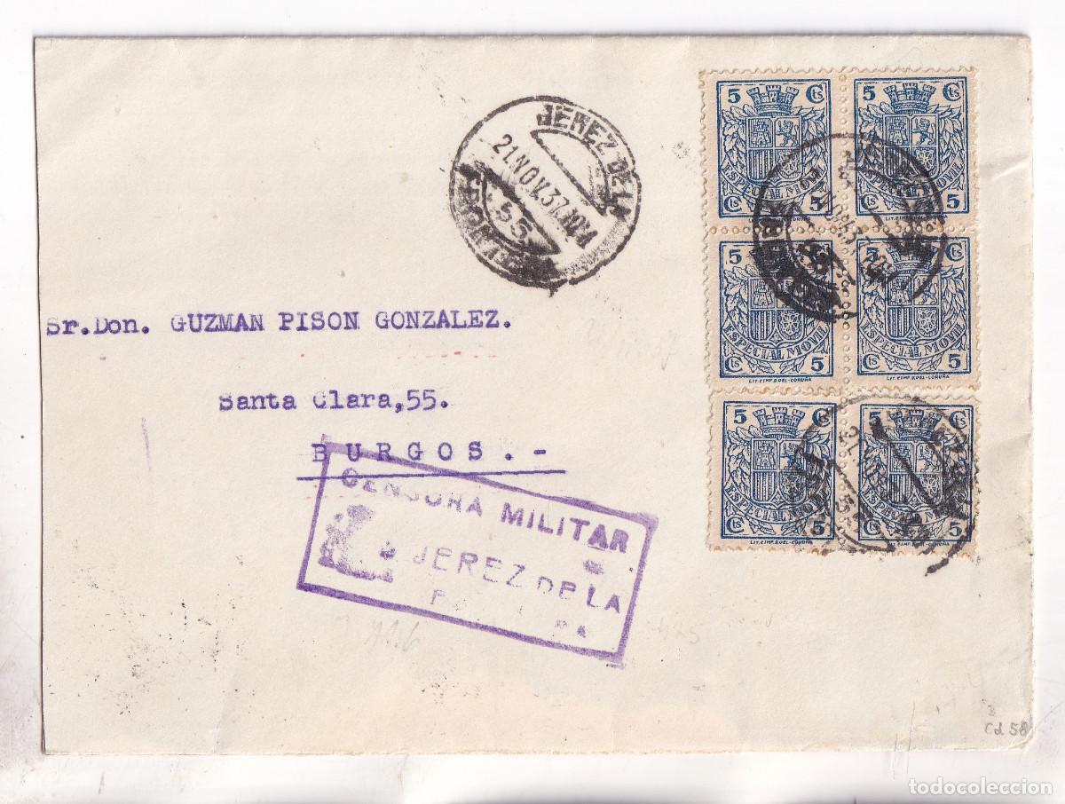 Sellos: SOBRE. GUERRA CIVIL. JEREZ DE LA FRONTERA. C&Aacute;DIZ. A BURGOS. 1937. CENSURA. FISCALES. RODILLO LLEGADA