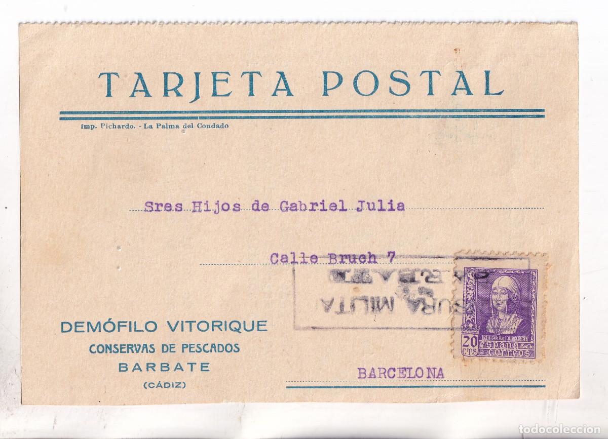 Sellos: TARJETA. CONSERVAS. BARBATE. C&Aacute;DIZ. 1939. CENSURA MILITAR