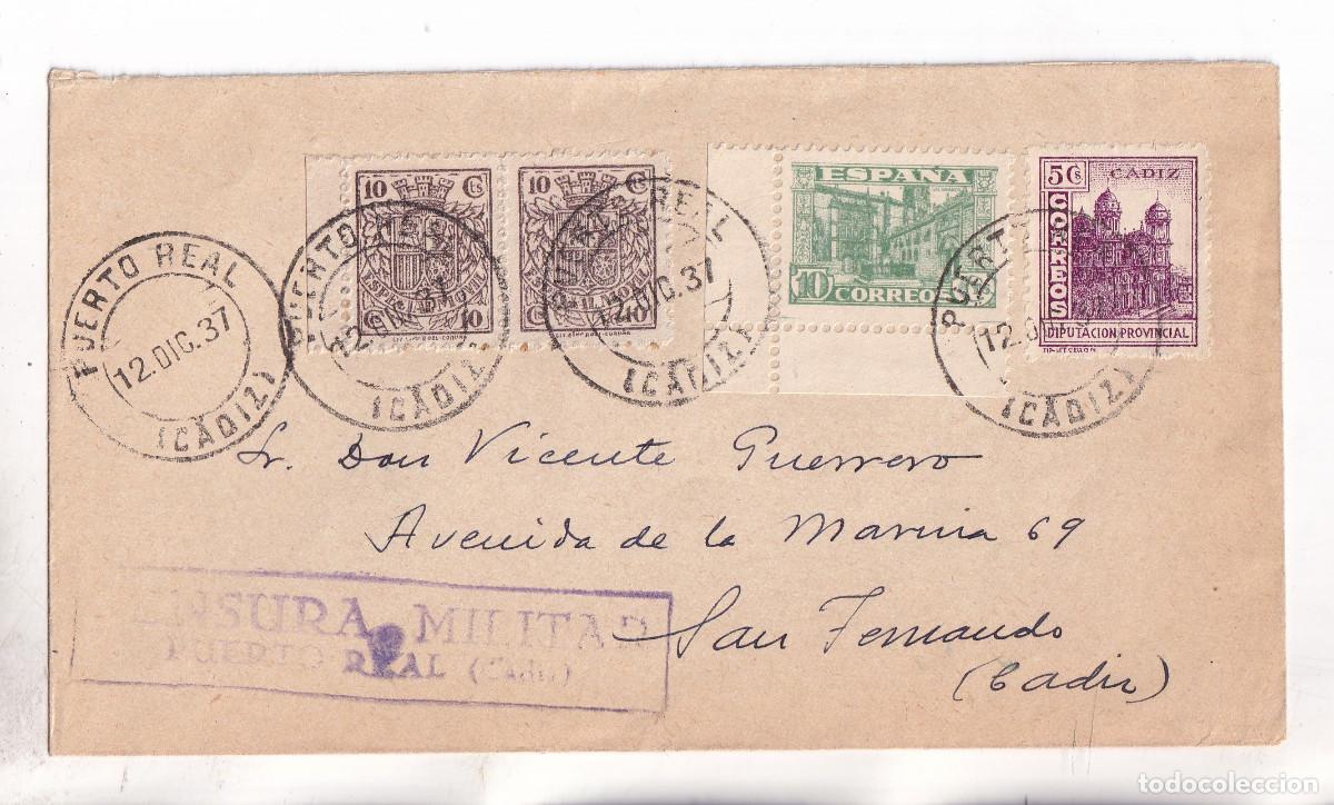 Sellos: SOBRE. PUERTO REAL. C&Aacute;DIZ. 1937. ESPECIAL M&Oacute;VIL. A SAN FERNANDO. CENSURA