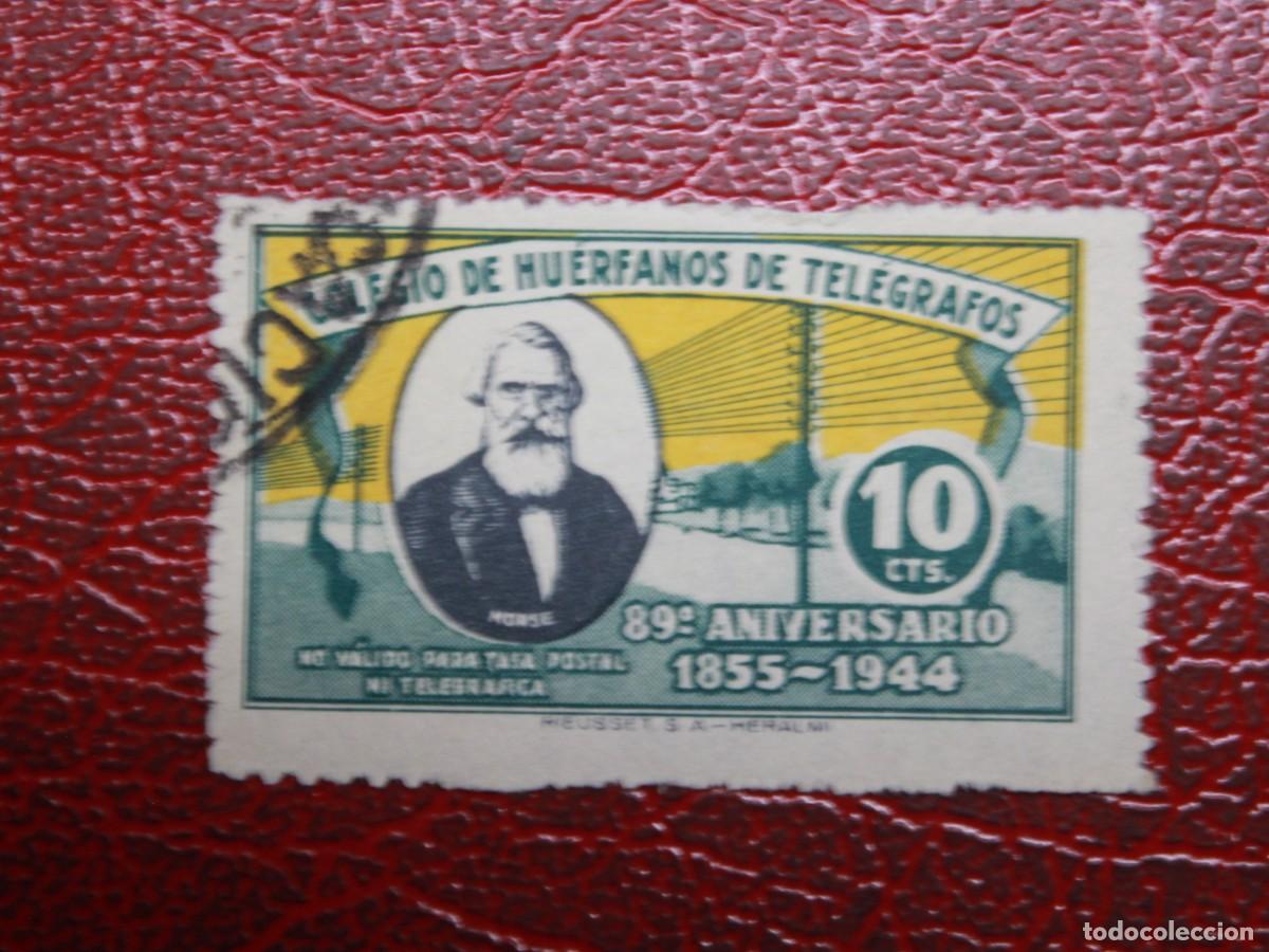 Sellos: Espa&ntilde;a 1944 - Colegio de Hu&eacute;rfanos de Tel&eacute;grafos - Morse - 10 cts - 89&ordm; aniversario - Usado