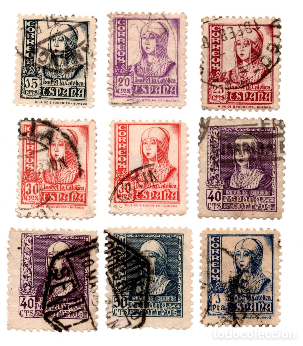 Sellos: Espa&ntilde;a 1937-38 Isabel la Cat&oacute;lica lote 9 sellos usados Edifil 819 823 855-859