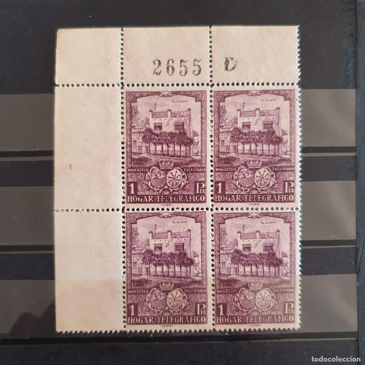 Sellos: HUERFANOS DE TELEGRAFOS EDIFIL 12 ** bloque de 4 ESPA&Ntilde;A 1937
