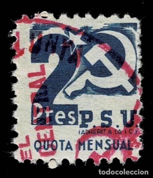 Sellos: Guerra Civil P.S.U. (Adherit a la I.C.) Quota Mensual GG n&ordm; 1824 Valor 2 Ptes. Color AZUL Sin fijase
