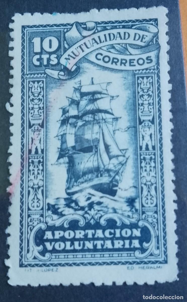 Sellos: 10 CTS - MUTUALIDAD DE CORREOS - APORTACI&Oacute;N VOLUNTARIA - BARCO VELERO