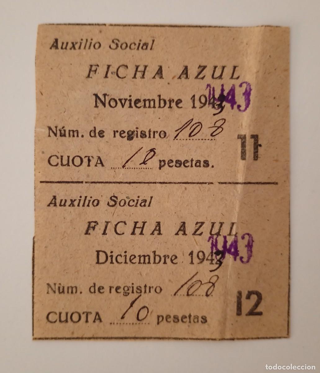 Sellos: Lote 2 recibos &ldquo;Auxilio Social &ndash; FICHA AZUL&rdquo; (Noviembre y Diciembre de 1943). CUENCA.