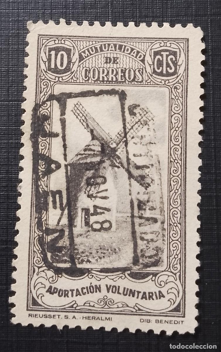 Sellos: 10 CTS - MUTUALIDAD DE CORREOS - APORTACI&Oacute;N VOLUNTARIA - MOLINO - MAT. IDENT. 7 NOV 48 JAEN