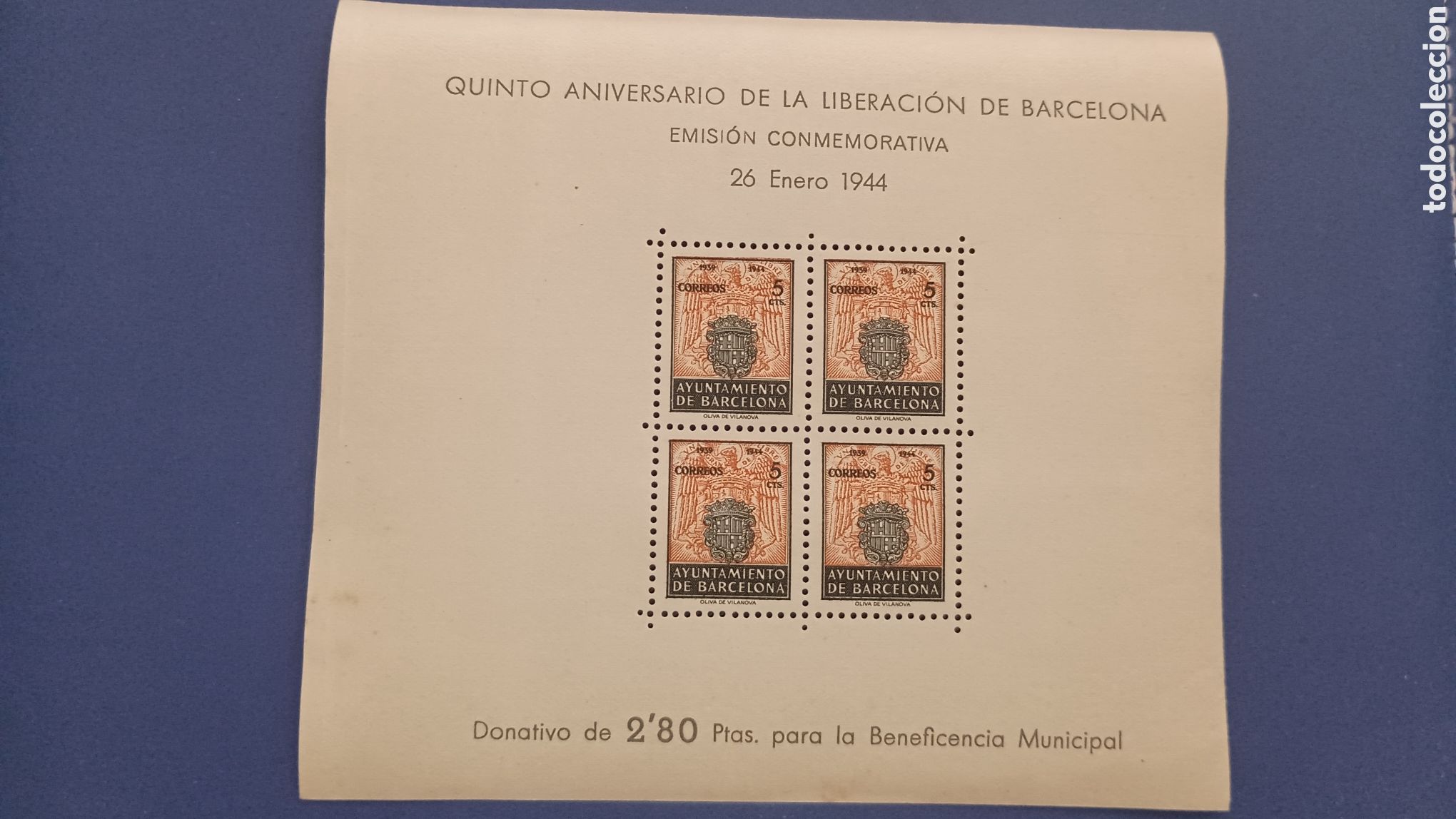 Sellos: ESPA&Ntilde;A 1944 - AYUNTAMIENTO DE BARCELONA EDIFIL 60 - QUINTO ANIVERSARIO DE LA LIBERACI&Oacute;N - PRUEBA