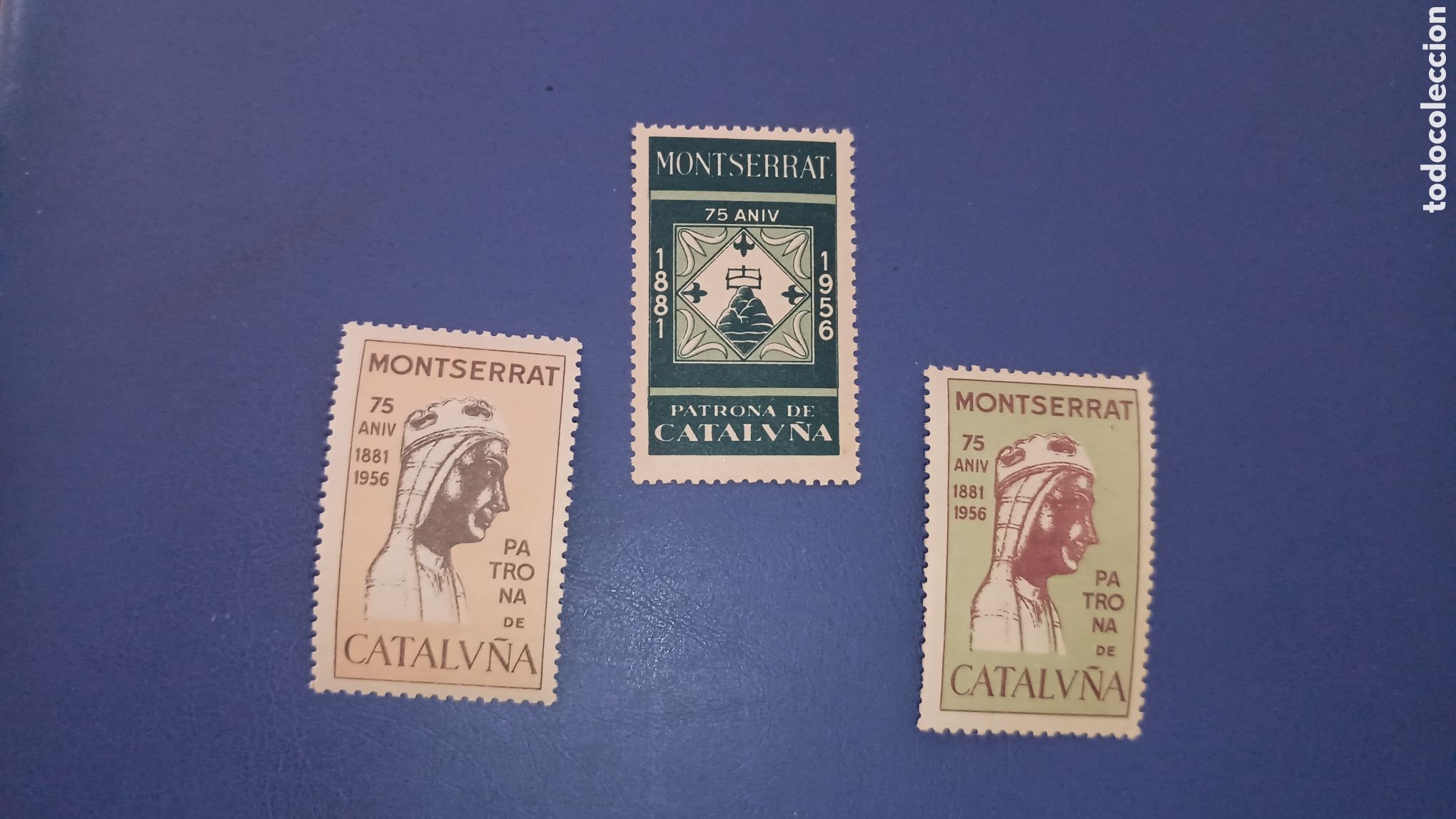 Sellos: ESPA&Ntilde;A - MONTSERRAT 75 ANIVERSARIO 1881-1956 PATRONA DE CATALU&Ntilde;A - LOTE DE 3 VI&Ntilde;ETAS ORIGINALES