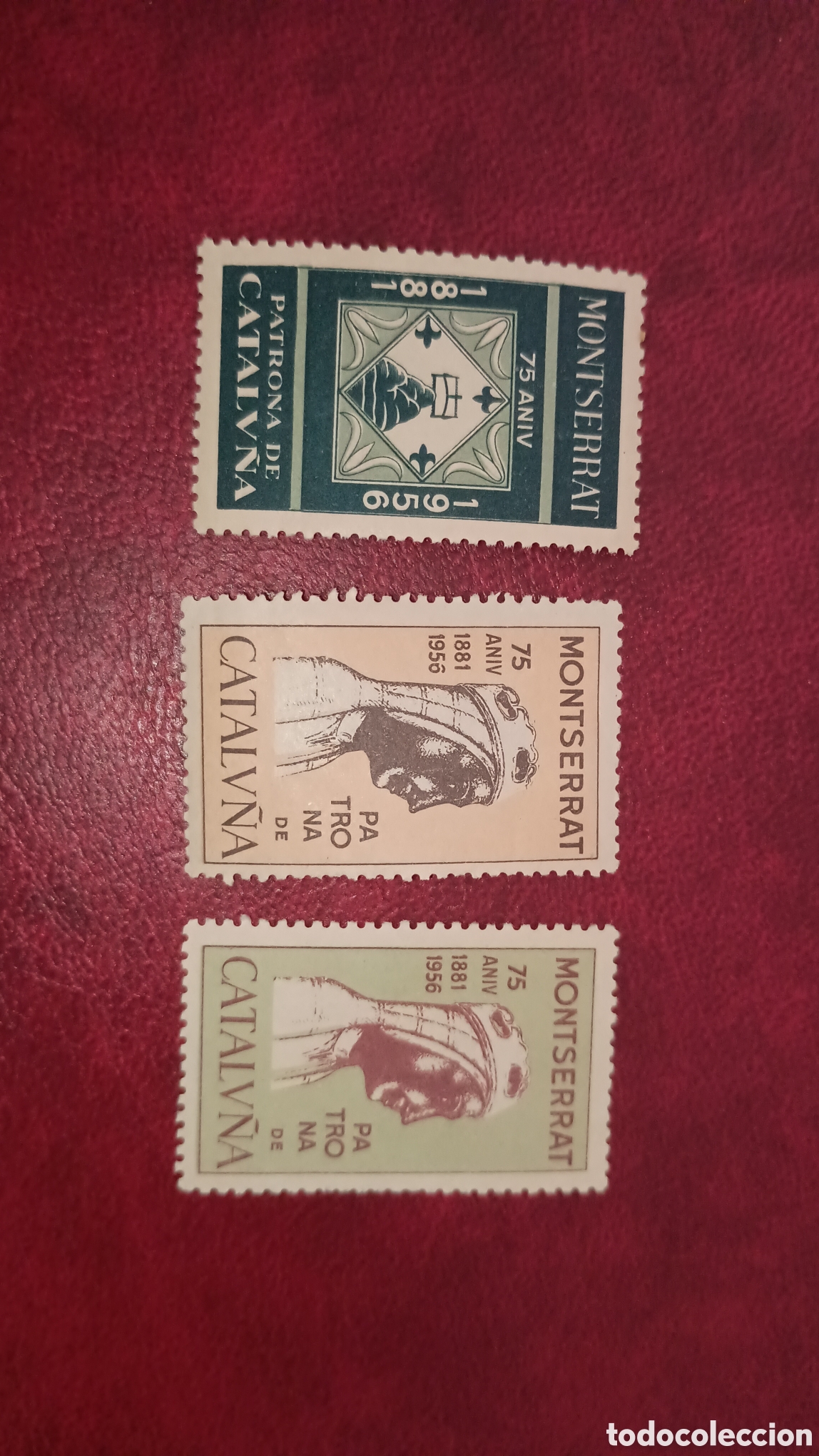 Sellos: ESPA&Ntilde;A - MONTSERRAT 75 ANIVERSARIO 1881-1956 PATRONA DE CATALU&Ntilde;A - LOTE DE 3 VI&Ntilde;ETAS ORIGINALES