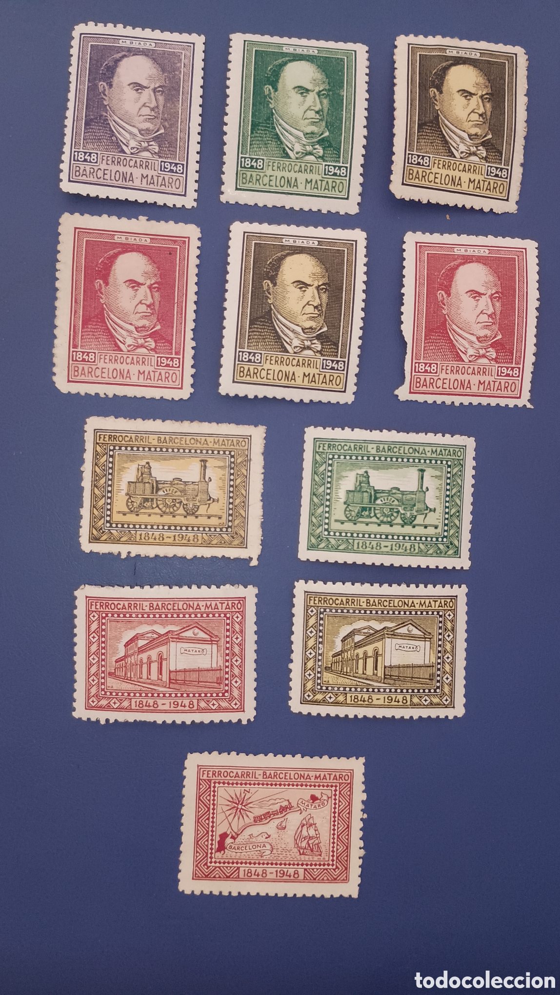 Sellos: ESPA&Ntilde;A - FERROCARRIL BARCELONA-MATAR&Oacute; 1848-1948 - LOTE DE 11 VI&Ntilde;ETAS ORIGINALES