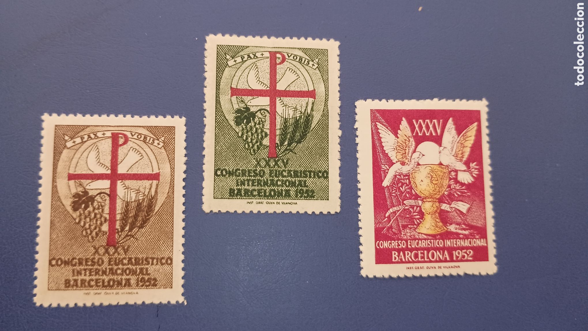 Sellos: ESPA&Ntilde;A 1952 - XXXV CONGRESO EUCAR&Iacute;STICO INTERNACIONAL, BARCELONA - LOTE DE 3 VI&Ntilde;ETAS ORIGINALES