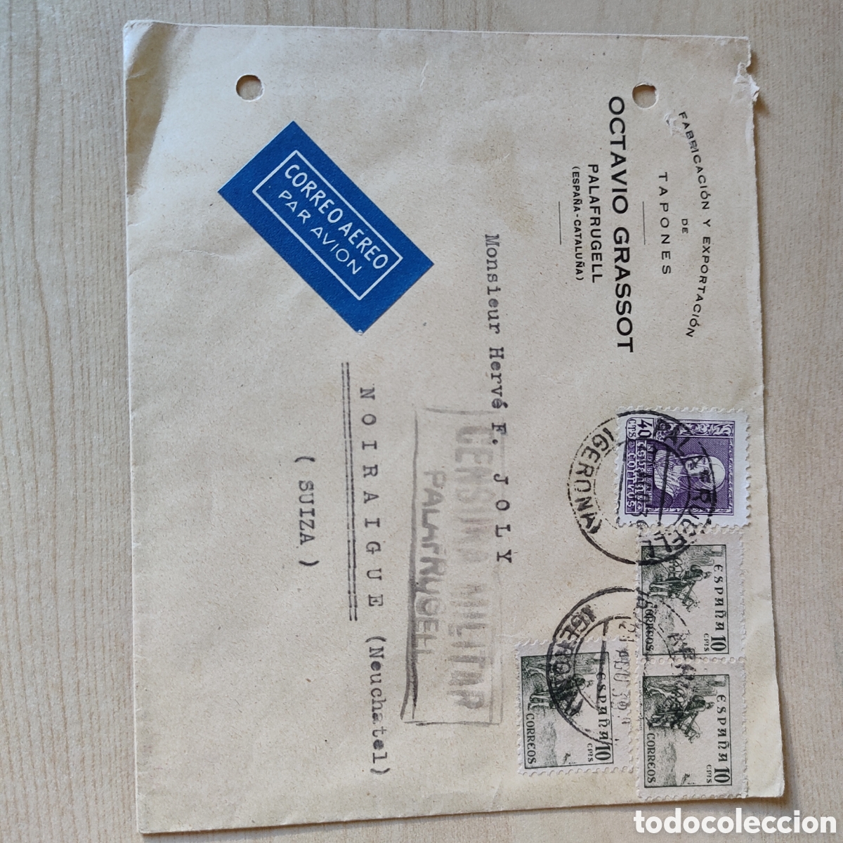 Sellos: Palafrugell Girona a Suiza 1939 correo aereo censura militar