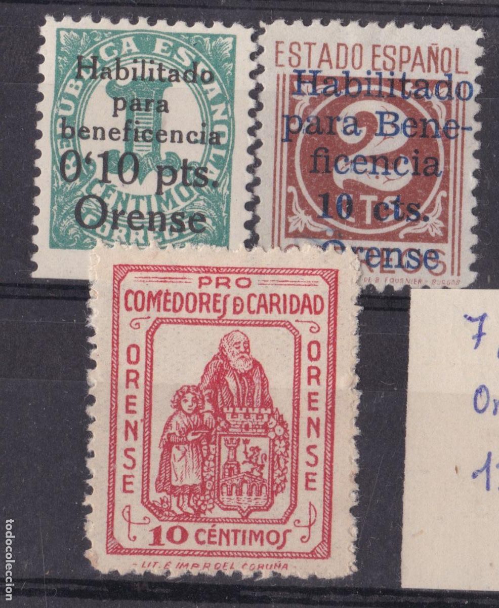 Sellos: AA16- Guerra Civil. Locales /Ben&eacute;ficos . ORENSE 7, 10, 12 Nuevos