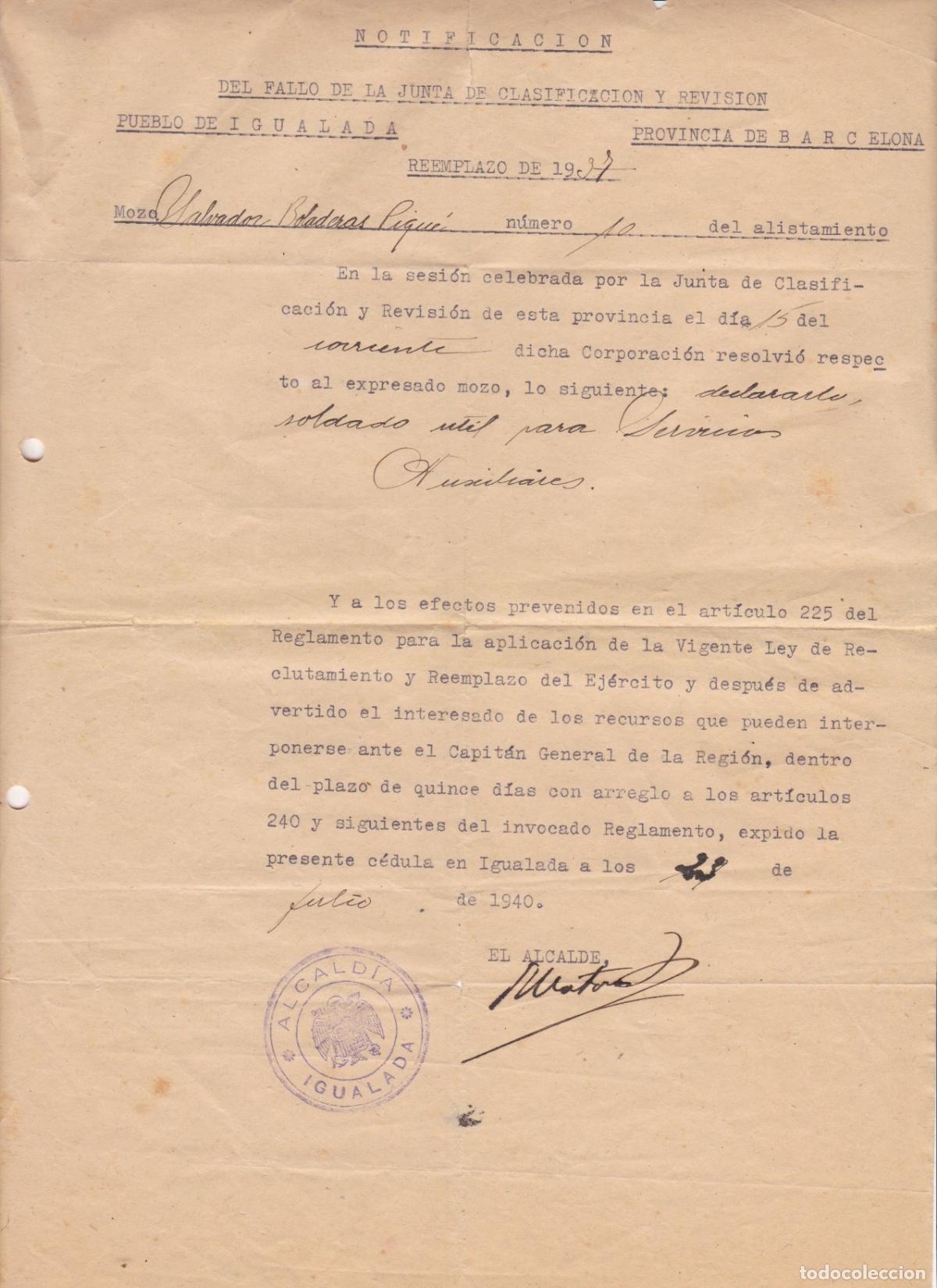 Sellos: HP3-15- Documento Alcald&iacute;a IGUALADA Notificando Reclutamiento de un Mozo 1940