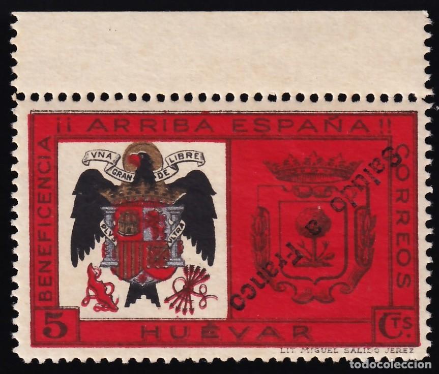 Sellos: Hu&eacute;var, (Sevilla), Beneficencia, 5 cts. [Sobrecarga &rdquo;Saludo a Franco&rdquo; Invertido / NO RESE&Ntilde;ADO]