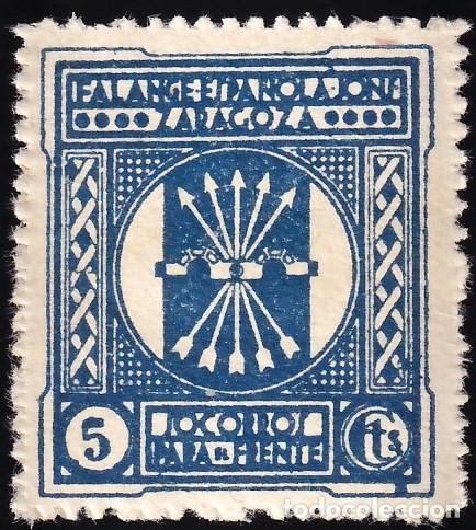 Sellos: ZARAGOZA, Falange Espa&ntilde;ola, Socorros Para el Frente, 5 c. azul, [cifra 5 estrecha.]