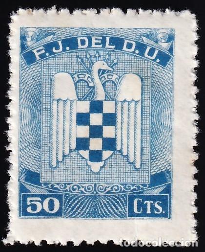 Sellos: Falange Espa&ntilde;ola, F.J. del D.U. (S.E.U.), 50 c. azul