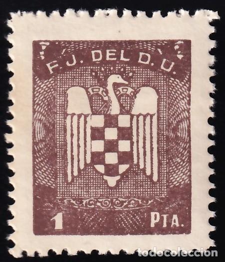 Sellos: Falange Espa&ntilde;ola, F.J. del D.U. (S.E.U.), 1 pts. casta&ntilde;o oscuro