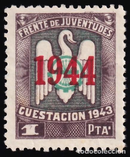 Sellos: Falange Espa&ntilde;ola, Frente de Juventudes Cuestaci&oacute;n 1944, 1 pts. casta&ntilde;o, verde y carm&iacute;n.