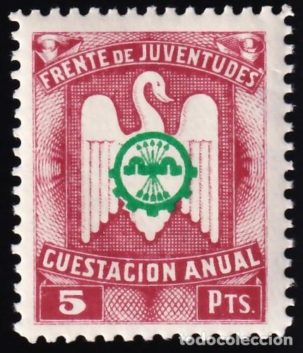 Sellos: Falange Espa&ntilde;ola, Frente de Juventudes Cuestaci&oacute;n Anual, 5 pts. casta&ntilde;o vinoso y verde