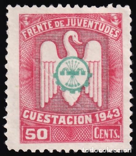Sellos: Falange Espa&ntilde;ola, Frente de Juventudes Cuestaci&oacute;n Anual 1943, 50 cts carm&iacute;n y verde